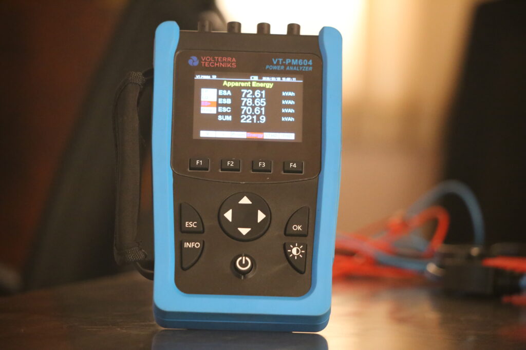 Volterra Techniks VT-PM604 Power Analyser with Flexible Rogowski Current Probes Apparent Energy Screen